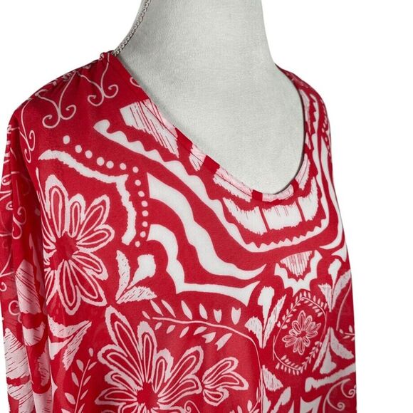 Chicos Red Poncho Semi Sheer Floral Boho Print Topper Cover Up Beachy Size L/XL - Picture 8 of 9